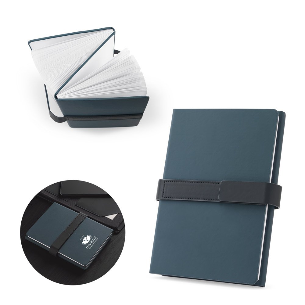 Caderno A5 com capa dura em 80% materiais reciclados estruturado em duas partes: páginas pautadas e páginas lisas SP-53654-104 na cor Azul