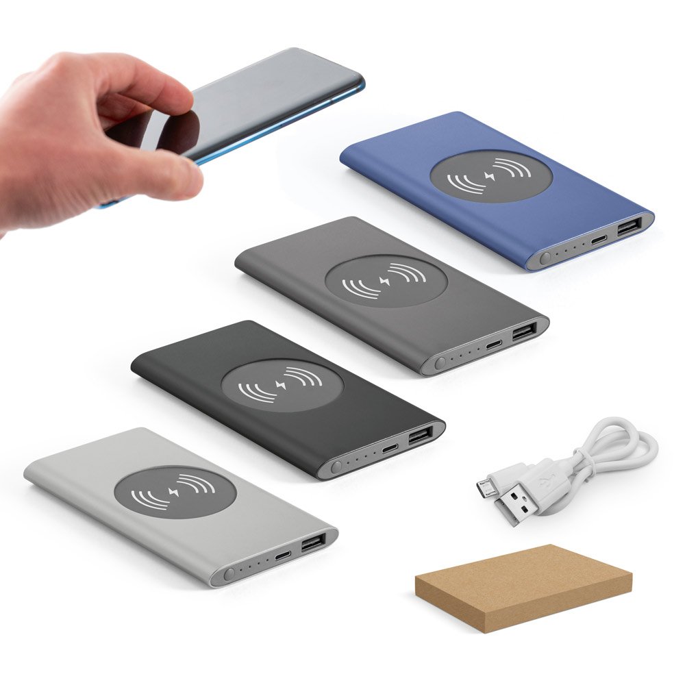 Bateria portátil com carregador por indução em alumínio 100% reciclado (4'000 mAh) SP-57078-133 na cor Cinza escuro