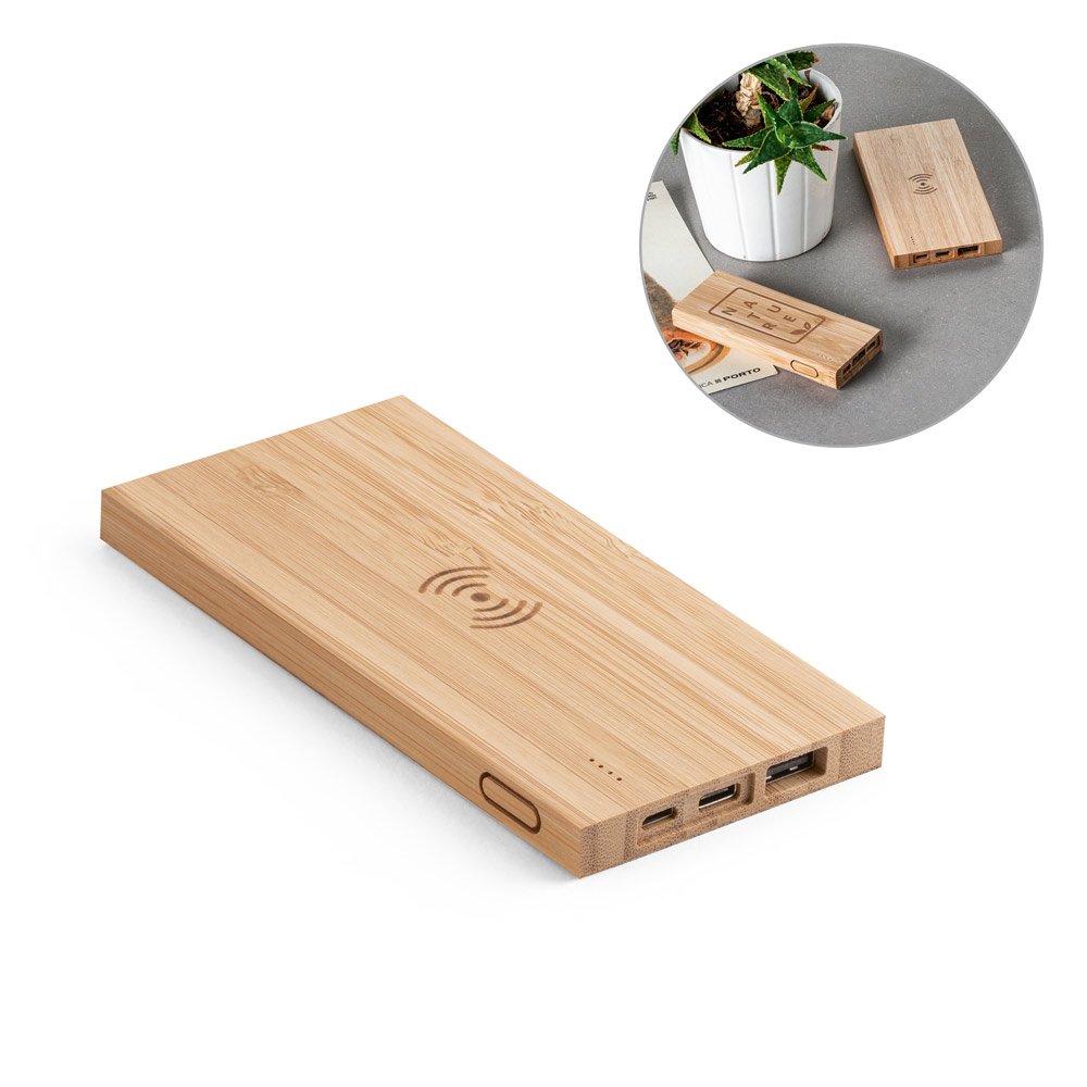 Bateria portátil com carregador por indução (wireless) super-rápido em bambu (5'000 mAh) SP-57909-160 na cor Natural
