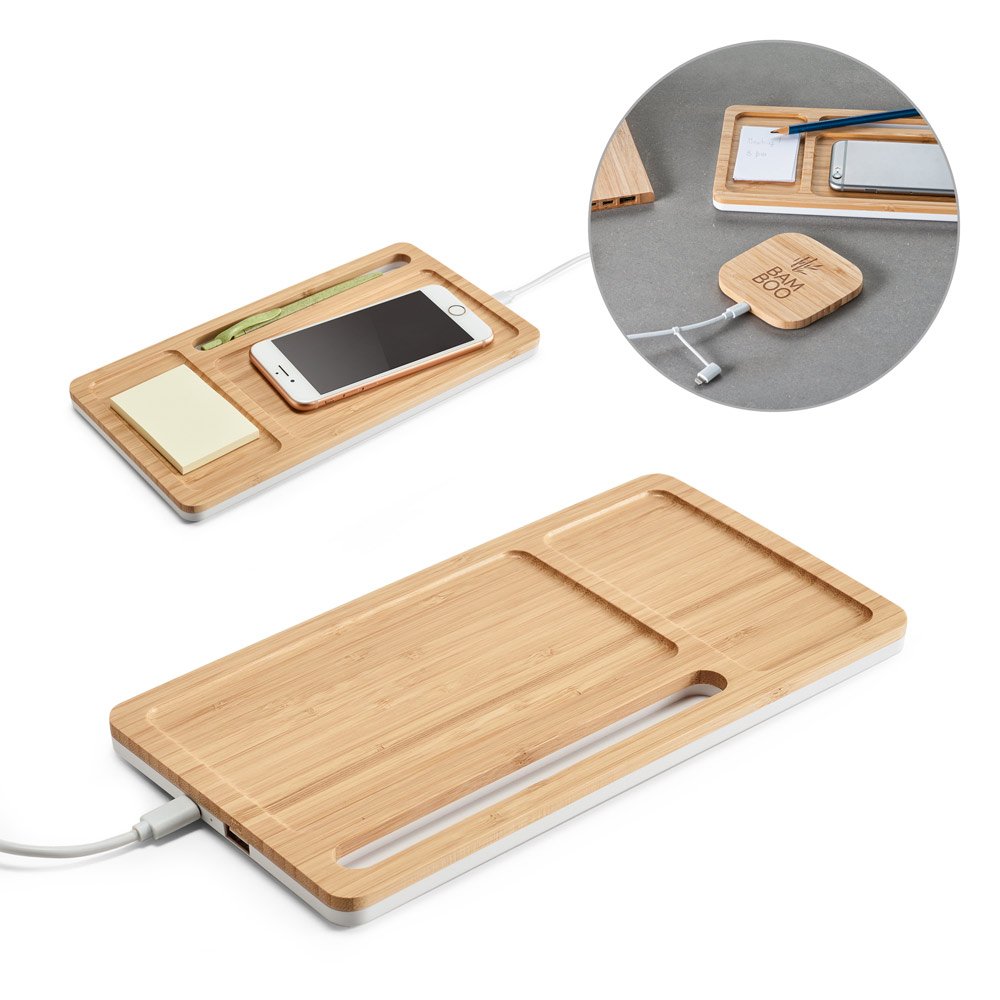 Organizador de secretária (mesa) em bambu e ABS com carregador por indução super-rápido (15W) SP-57911-160 na cor Natural