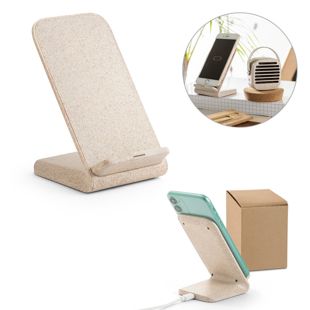 Suporte para celular com carregador por indução super-rápido (15W), em fibra de palha de trigo e ABS SP-57932-160 na cor Natural