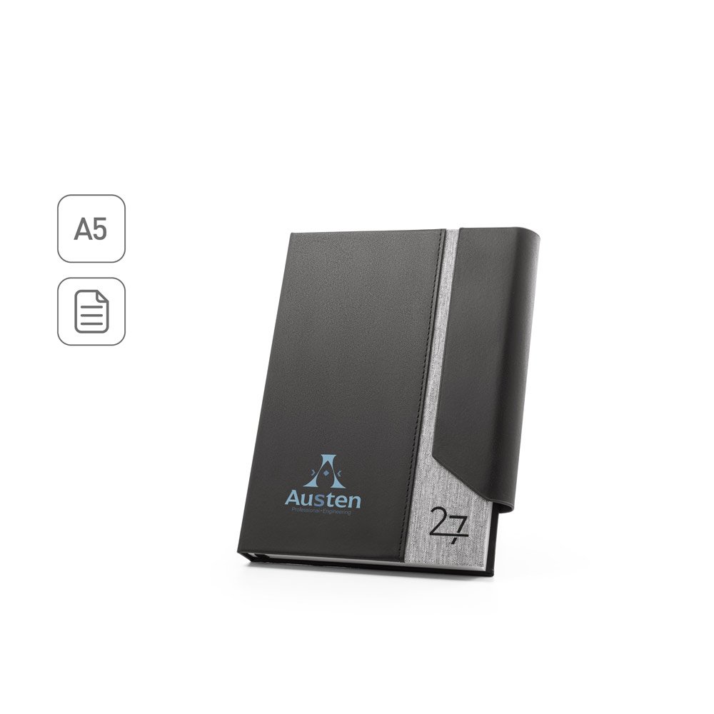 Agenda A5 em PU (58% reciclado) e PET reciclado (100% rPET) 300D SP-66214-123 na cor Cinza claro