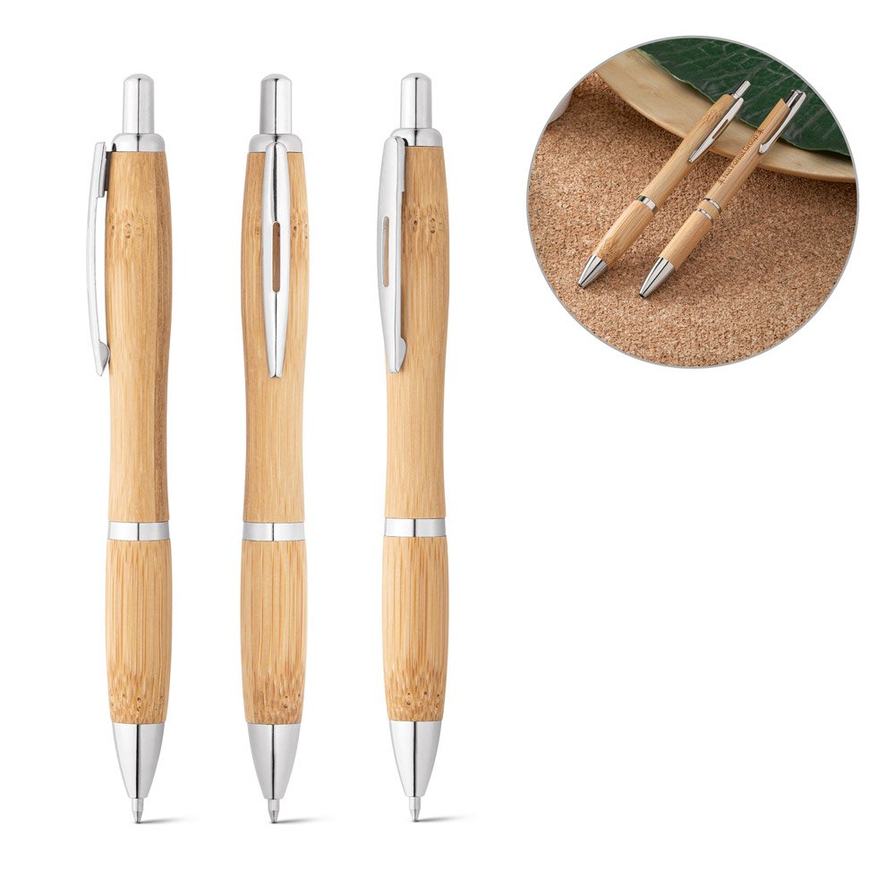 Caneta esferográfica em bambu com escrita em preto SP-81010-160 na cor Natural