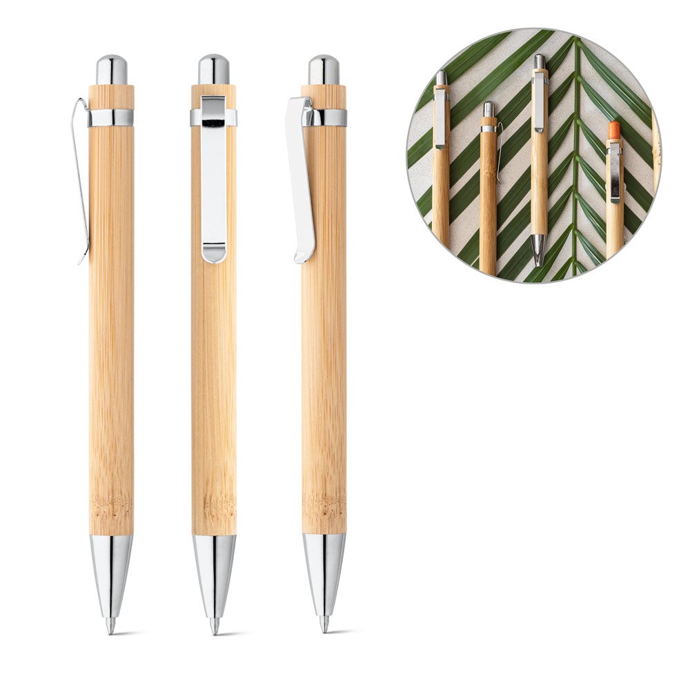 Caneta esferográfica em bambu com escrita em azul SP-81163-160 na cor Natural