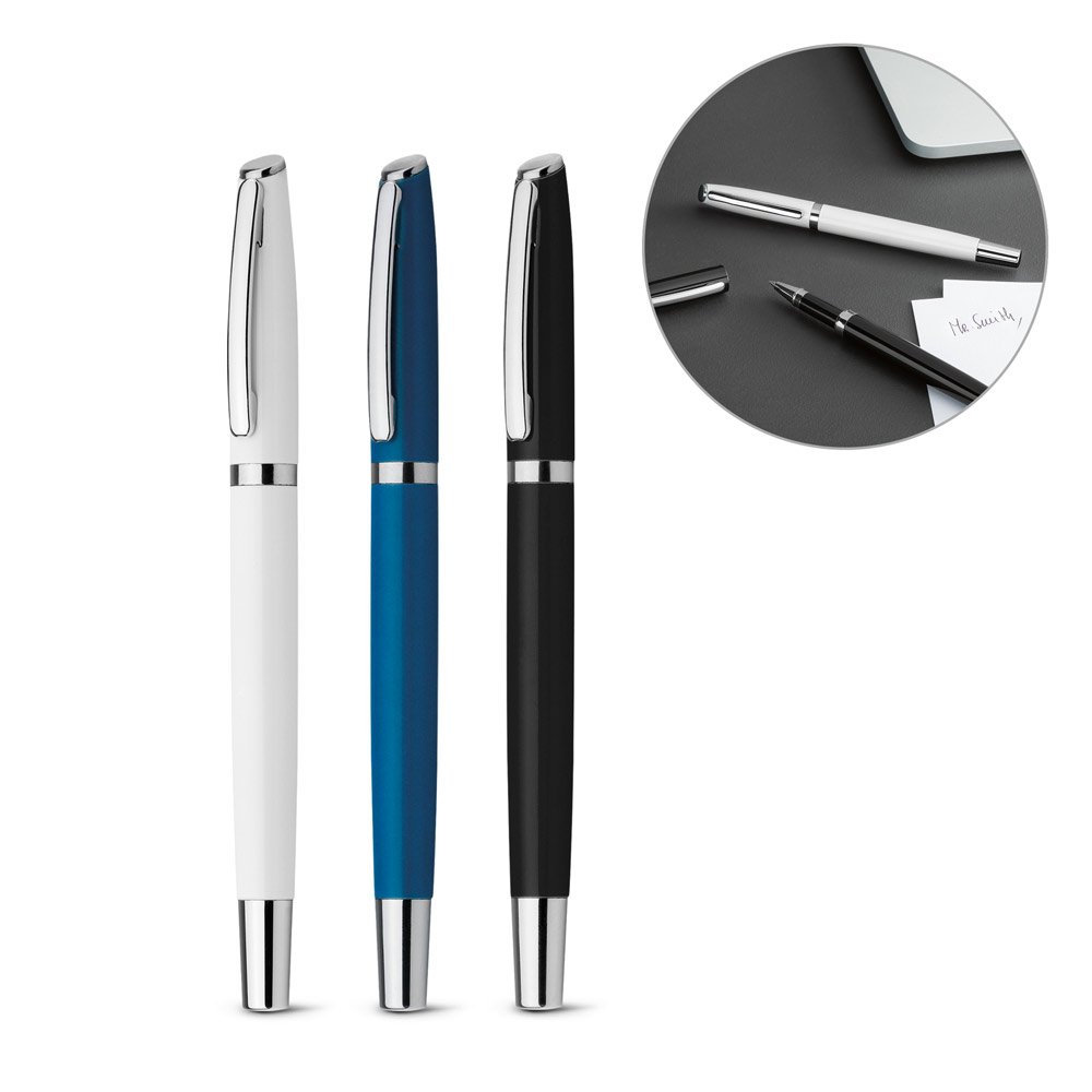 Caneta roller em alumínio com escrita em azul SP-81191-106 na cor Branco