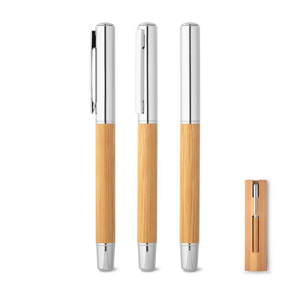 Caneta roller em aço inox 90% reciclado e bambu com escrita em azul SP-91776-160 na cor Natural
