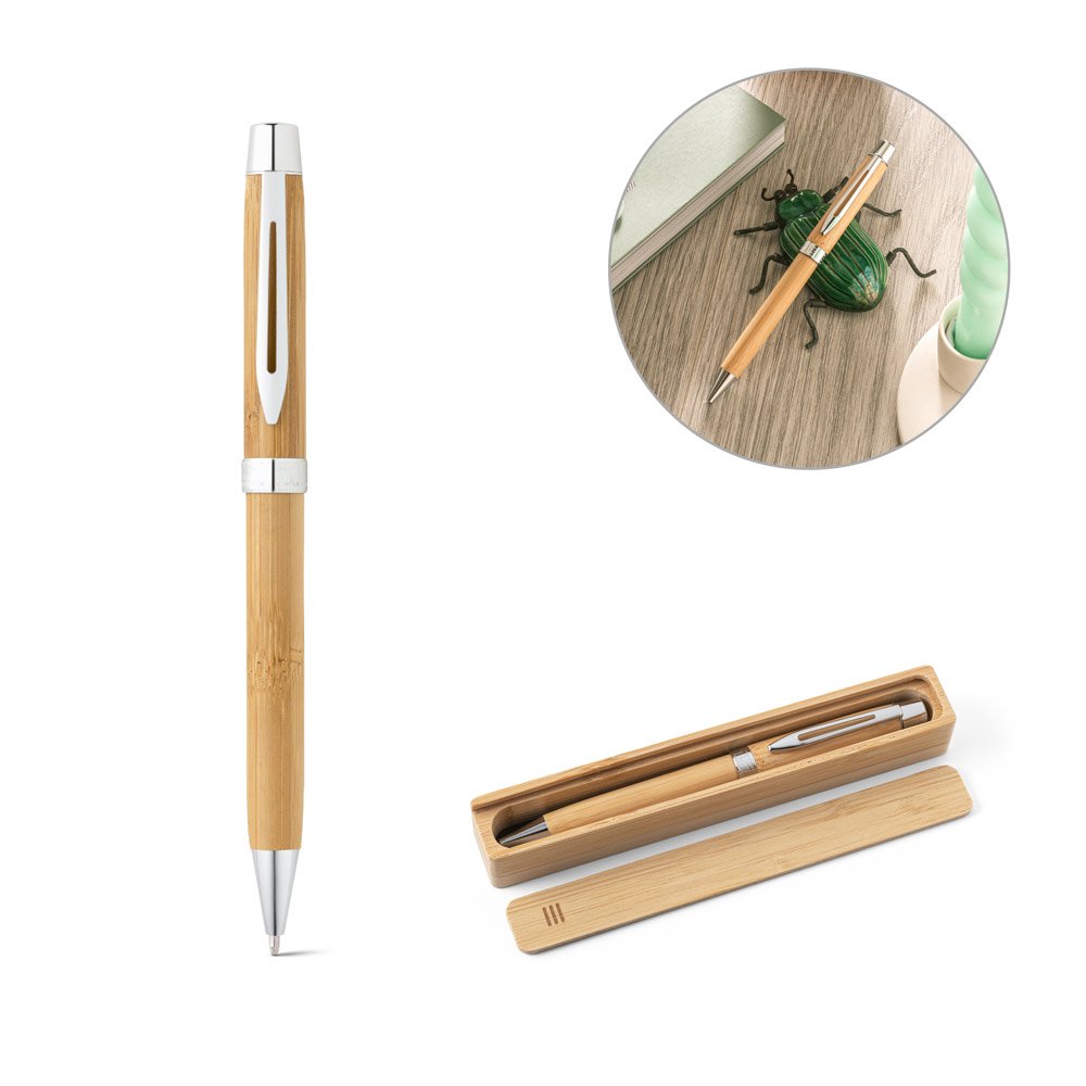 Caneta esferográfica em bambu com escrita em azul SP-91789-160 na cor Natural