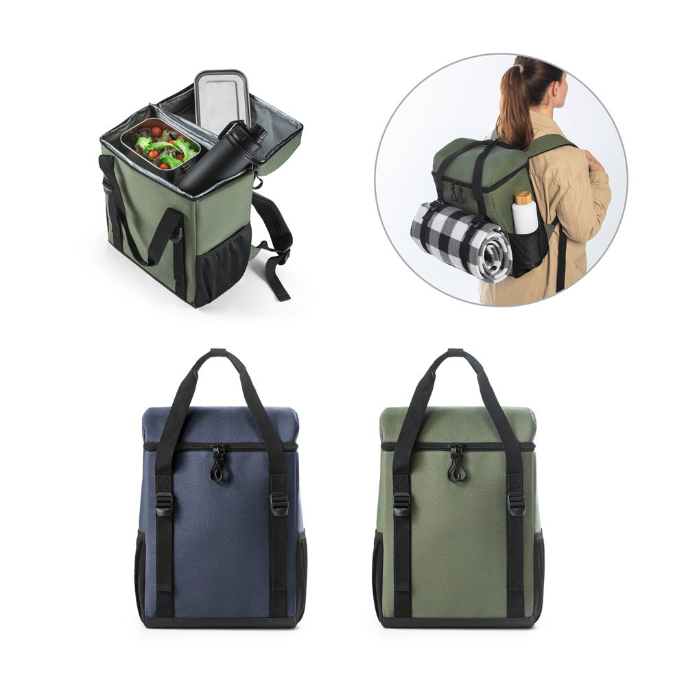 Cooler. Mochila térmica almofadada em ripstop poliéster reciclado 600D com interior forrado em PEVA 16 L SP-92099-129 na cor Verde escuro