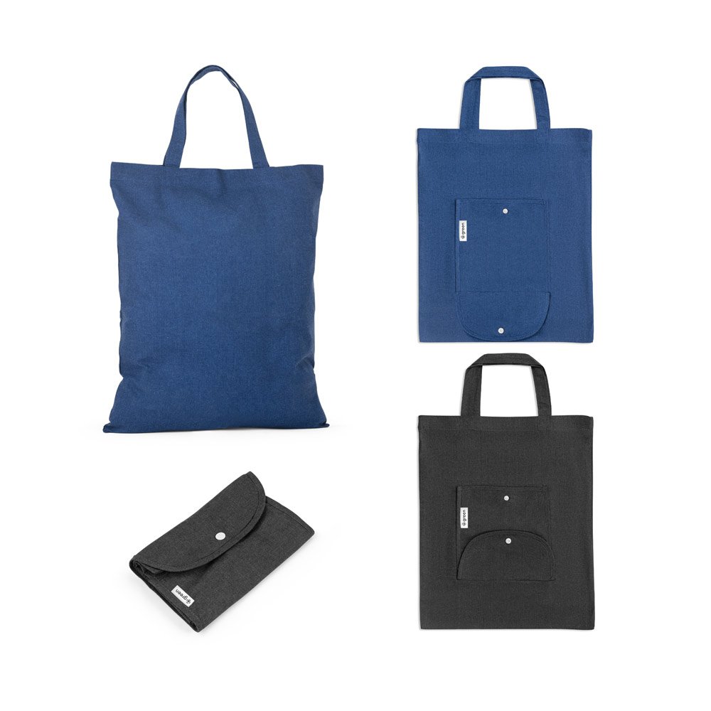 Sacola dobrável em 50% algodão, 30% algodão reciclado e 20% poliéster reciclado (140 g/m²) SP-92328-103 na cor Preto