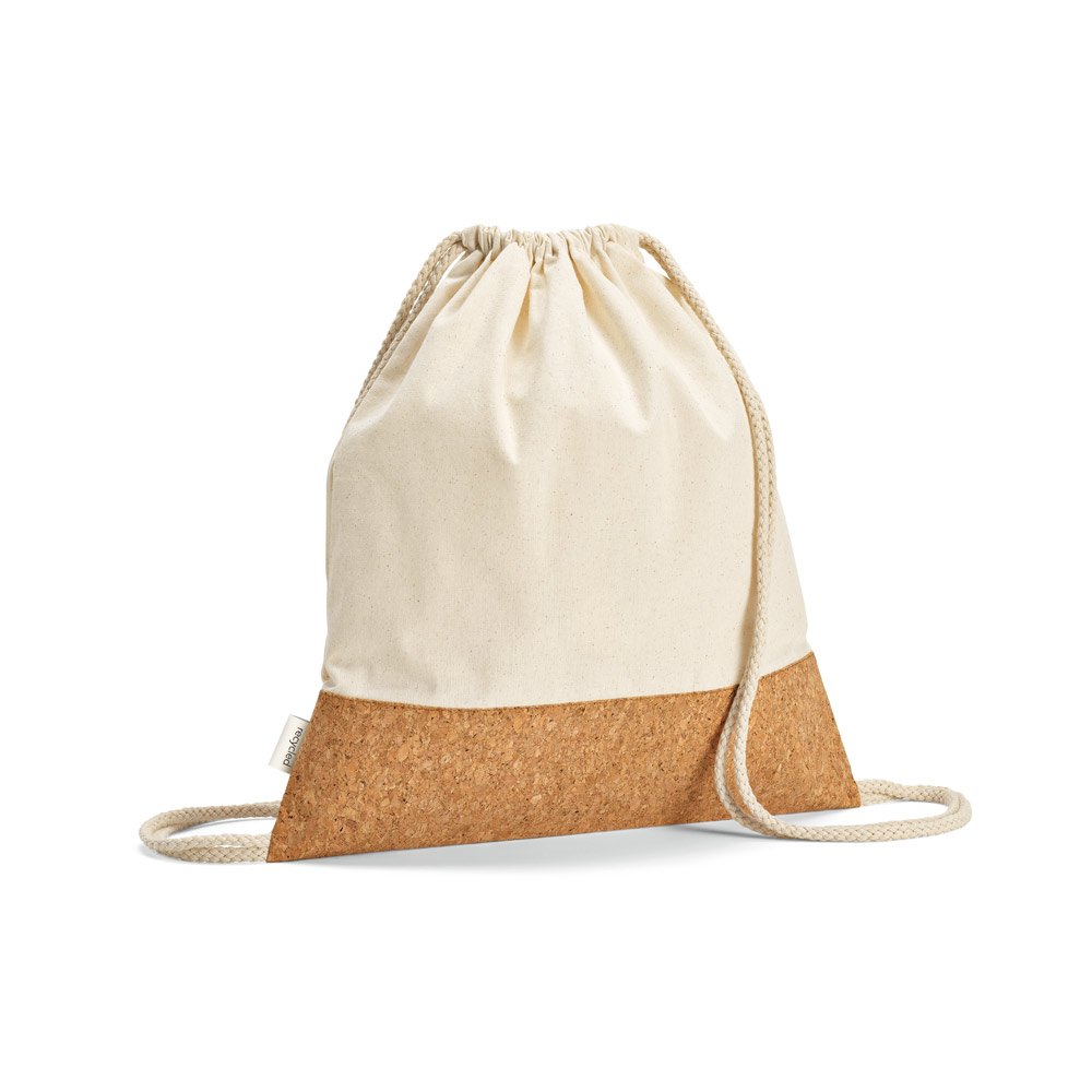 Sacola tipo mochila em 70% algodão reciclado e 30% poliéster reciclado (180g/m²) com base em cortiça SP-92340-150 na cor Natural claro