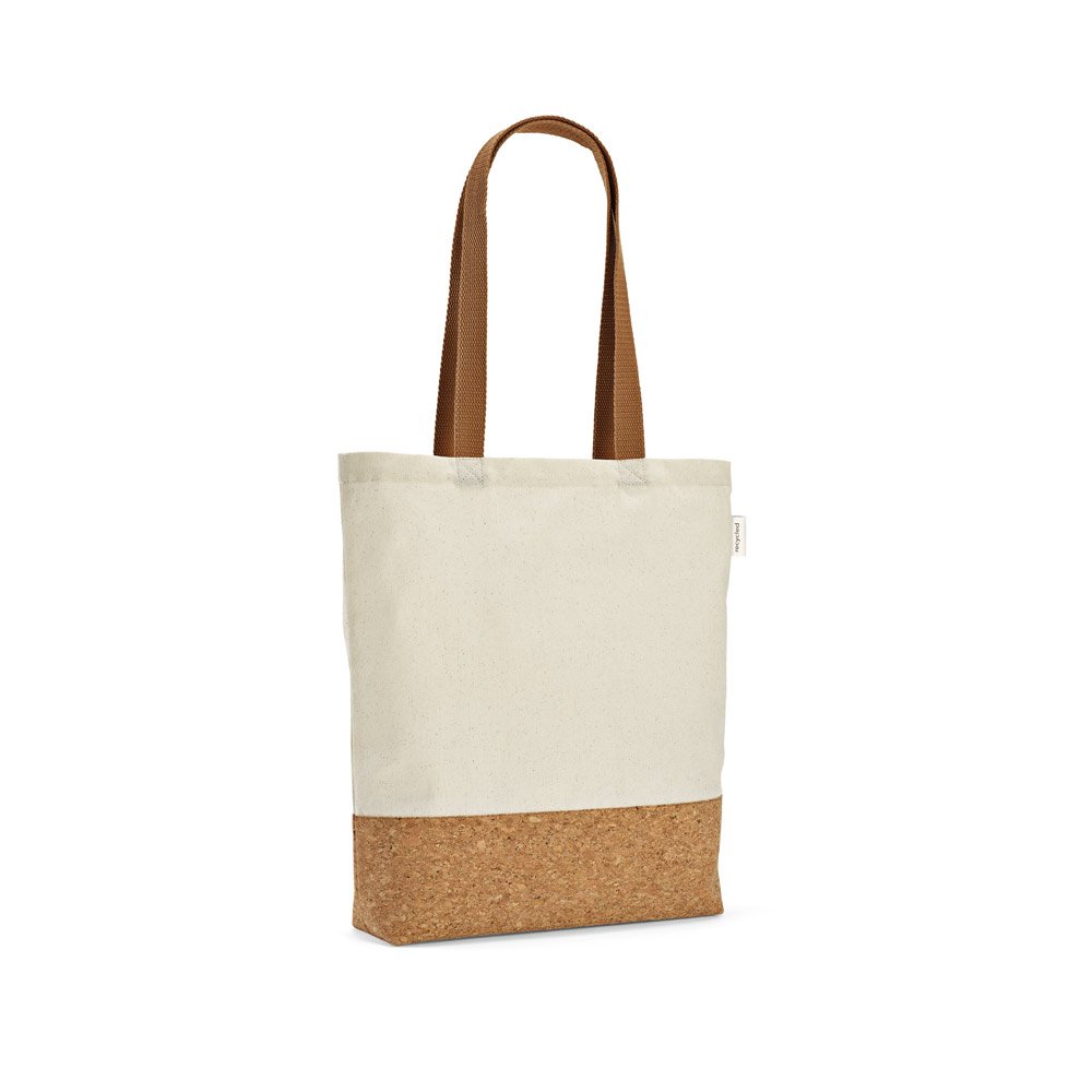 Sacola em 70% algodão reciclado e 30% poliéster reciclado (180 g/m²) com fundo em cortiça SP-92341-150 na cor Natural claro