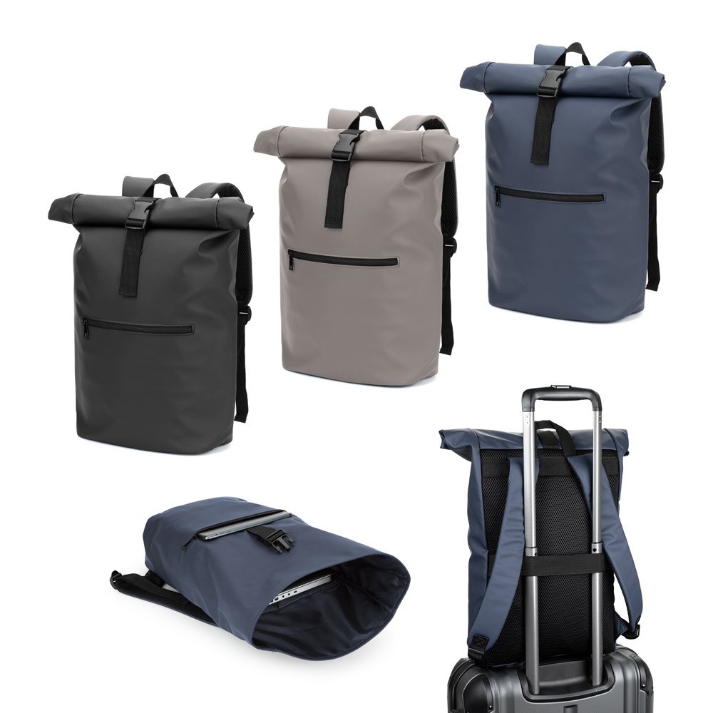 Mochila "roll top" em PU com bolso para notebook (16") SP-92534-103 na cor Preto