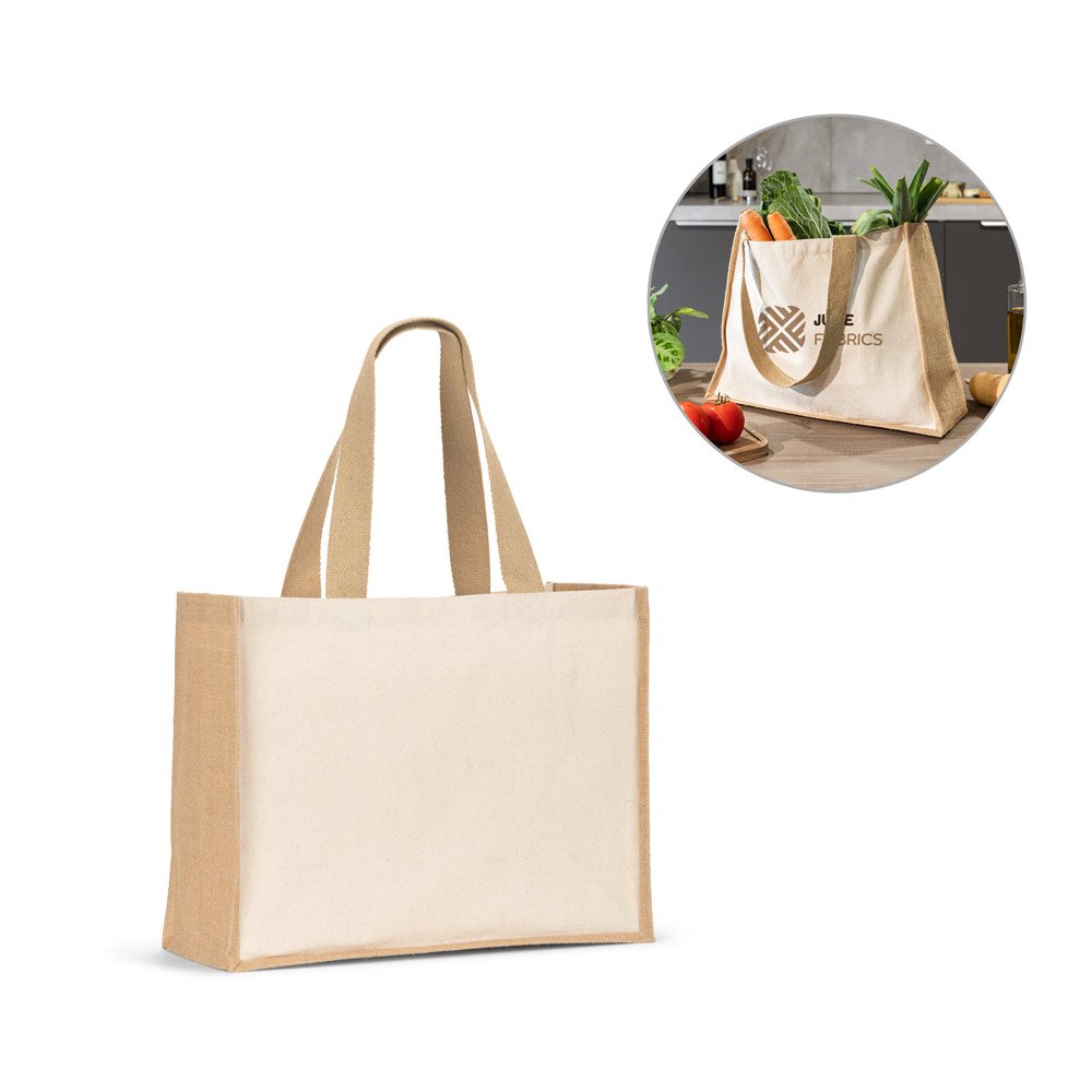 Sacola em canvas (320g/m²), com fundo e laterais em juta laminada (350 g/m²) de tons naturais SP-92538-160 na cor Natural