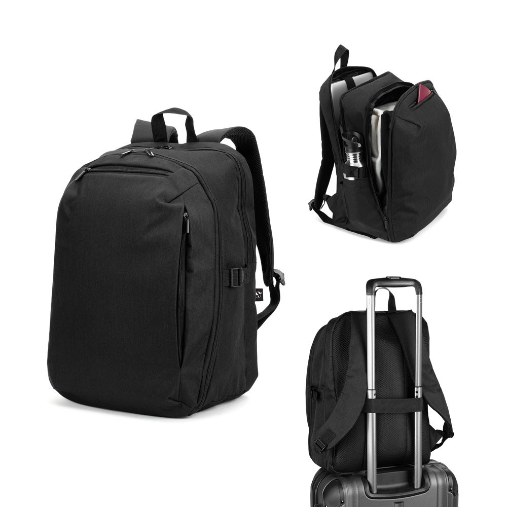 Mochila com um compartimento de abertura total em poliéster reciclado 300D de alta densidade (16") SP-92540-103 na cor Preto