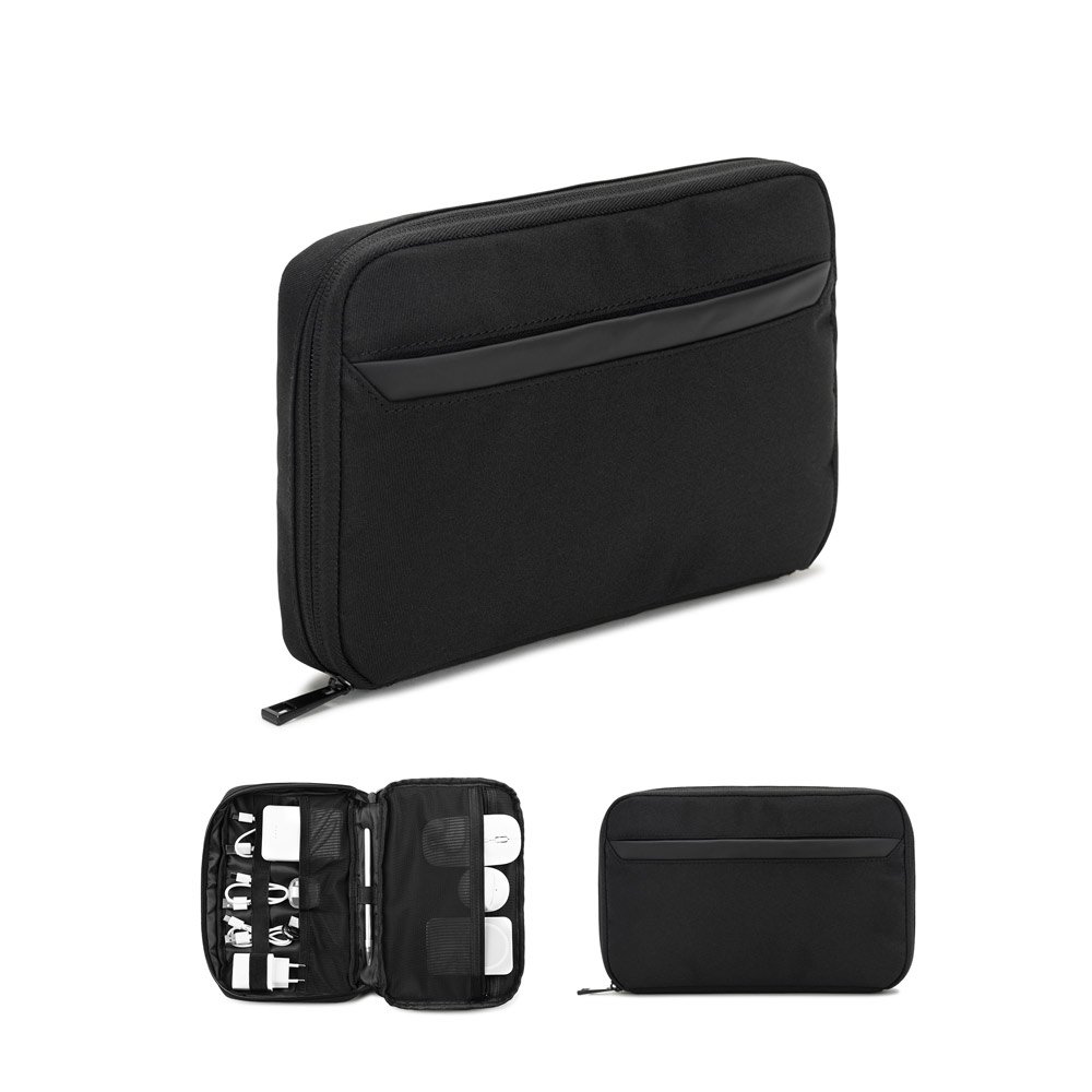 Bolsa organizadora espaçosa para acessórios tecnológicos em poliéster reciclado 600D twill SP-92570-103 na cor Preto