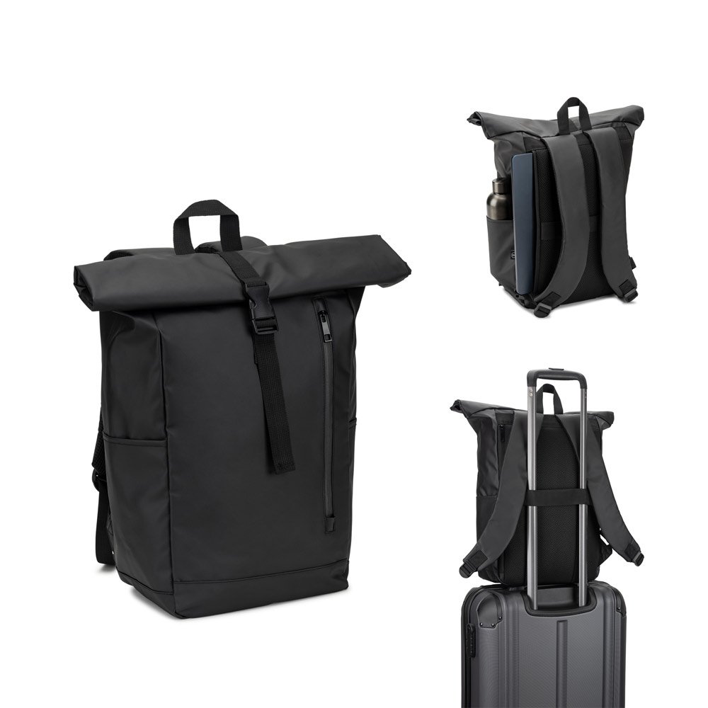 Mochila "Roll top" (14") em poliéster reciclado 600D de alta densidade com revestimento resistente à água (20 L) SP-92571-103 na cor Preto