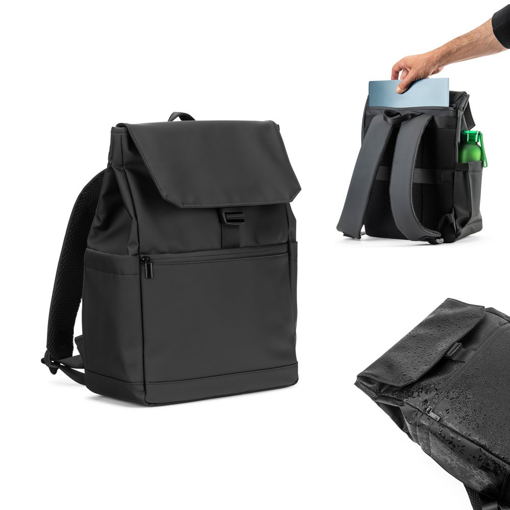 Mochila para computador portátil (16") em PU, com pala que cobre todos os compartimentos SP-92578-103 na cor Preto