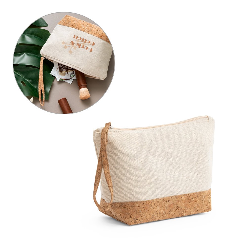 Bolsa de cosméticos 100% de algodão (280 g/m²) com detalhes em cortiça SP-92735-150 na cor Natural claro