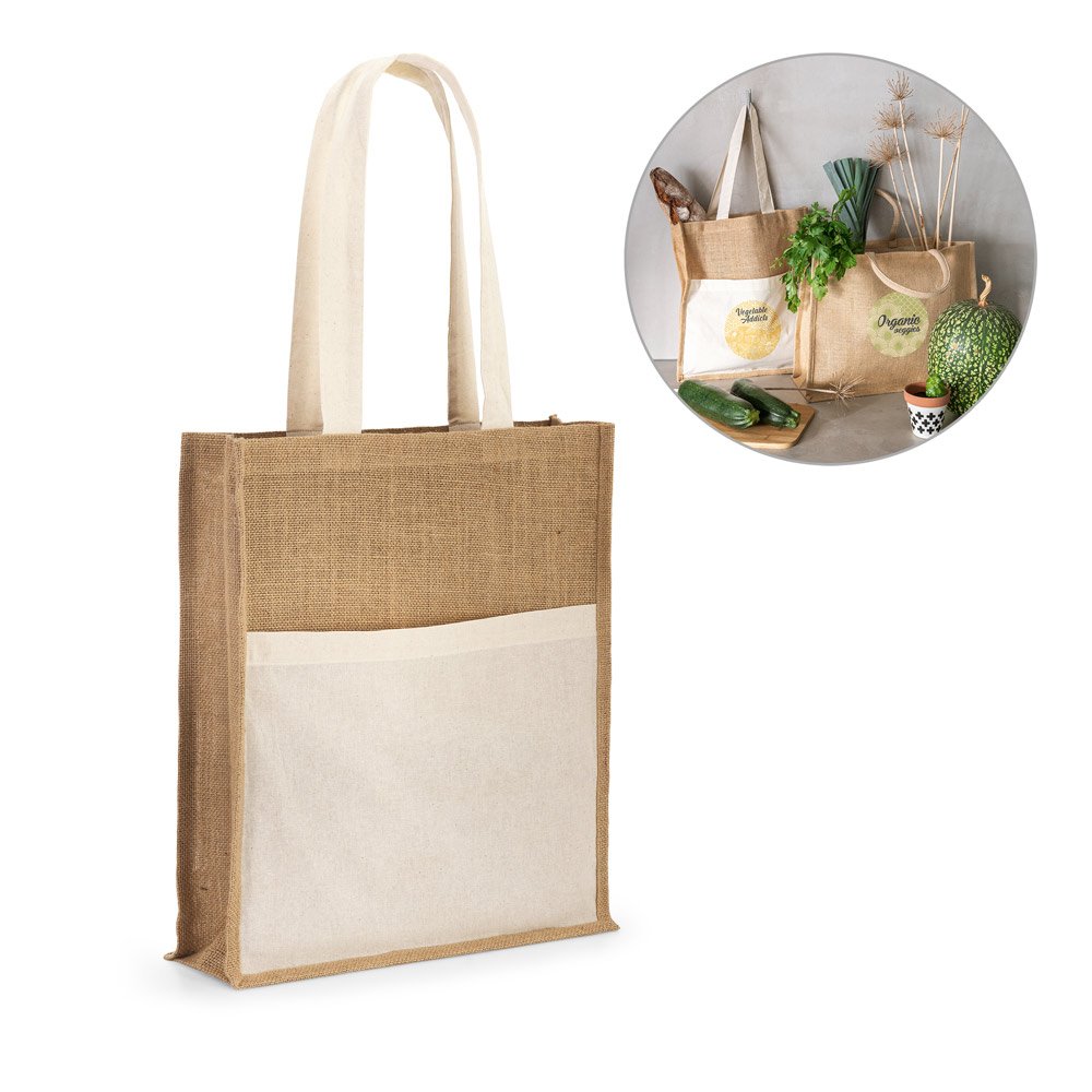 Sacola em 100% juta (240 g/m²) e bolso em 100% algodão (140 g/m²) SP-92823-160 na cor Natural