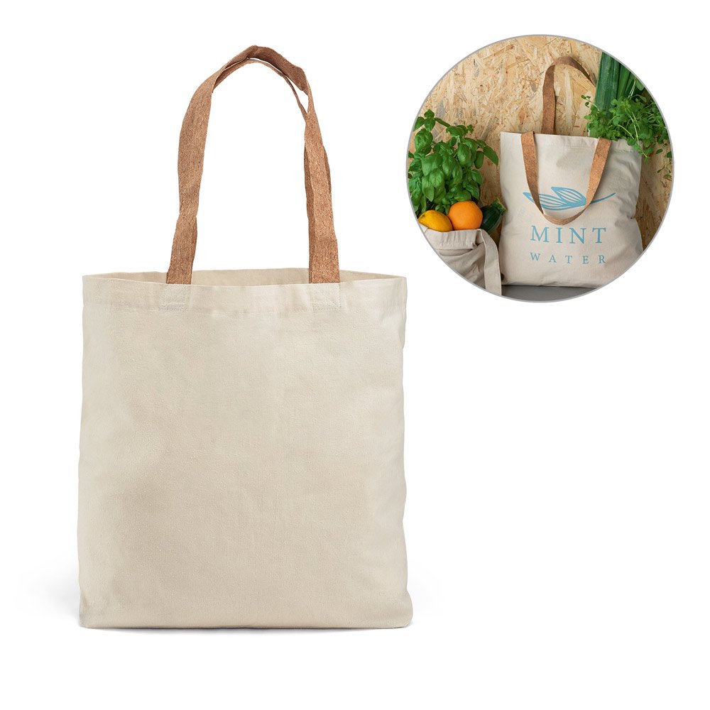 Sacola 100% algodão (180 g/m²) com alças em cortiça e bolso interior SP-92869-160 na cor Natural