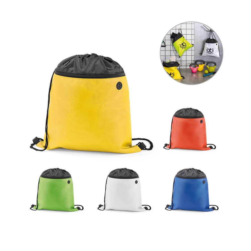 Sacola tipo mochila em 210D com bolso frontal com zíper e saída para fones SP-92912-105 na cor Vermelho