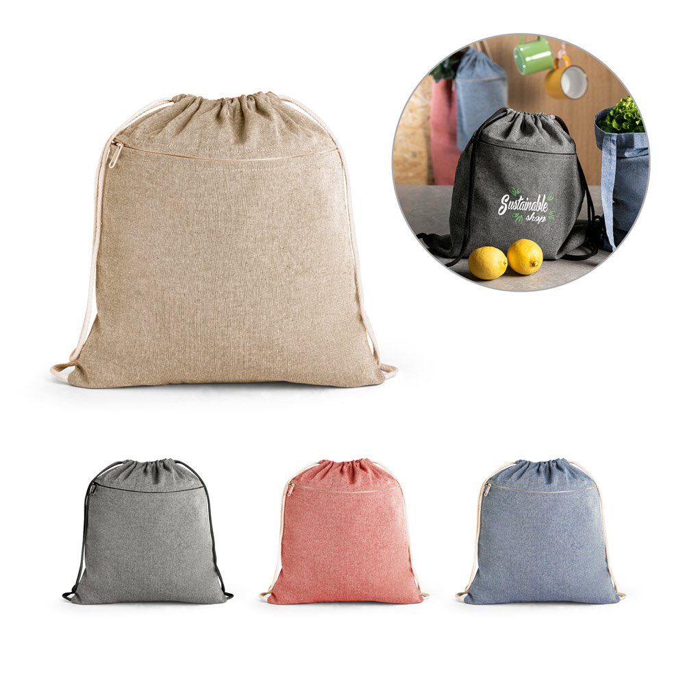 Sacola tipo mochila eem 70% algodão reciclado e 30% poliéster reciclado sem tingimento (140 g/m²) SP-92928-160 na cor Natural