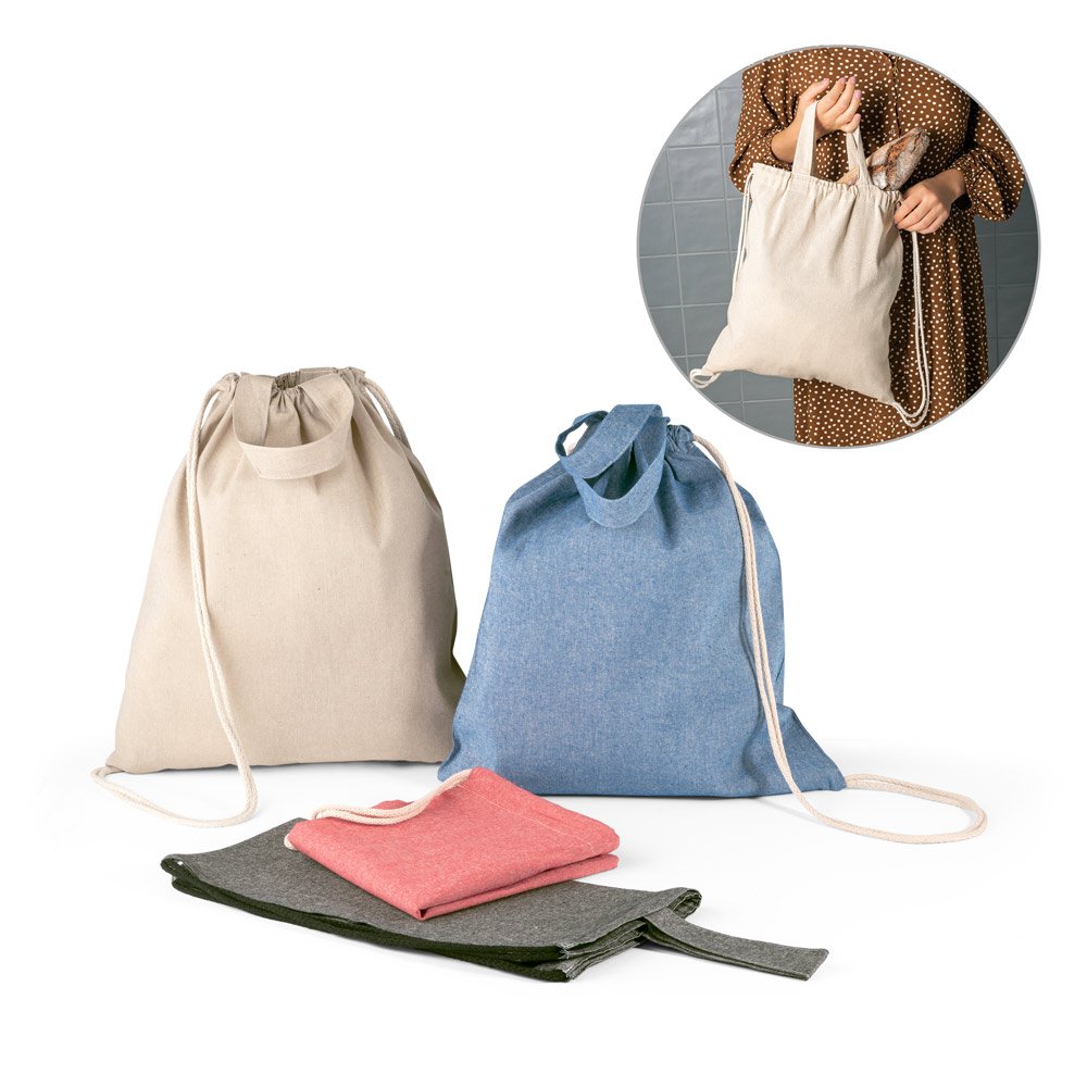 Sacola tipo mochila em 70% algodão reciclado e 30% poliéster reciclado (140g/m²) sem tingimento SP-92936-160 na cor Natural