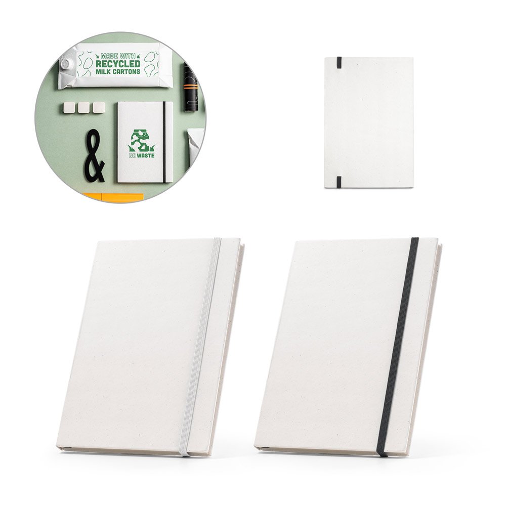 Caderno A5 produzido através de pacotes de leite reciclados com folhas pautadas recicladas SP-93271-106 na cor Branco