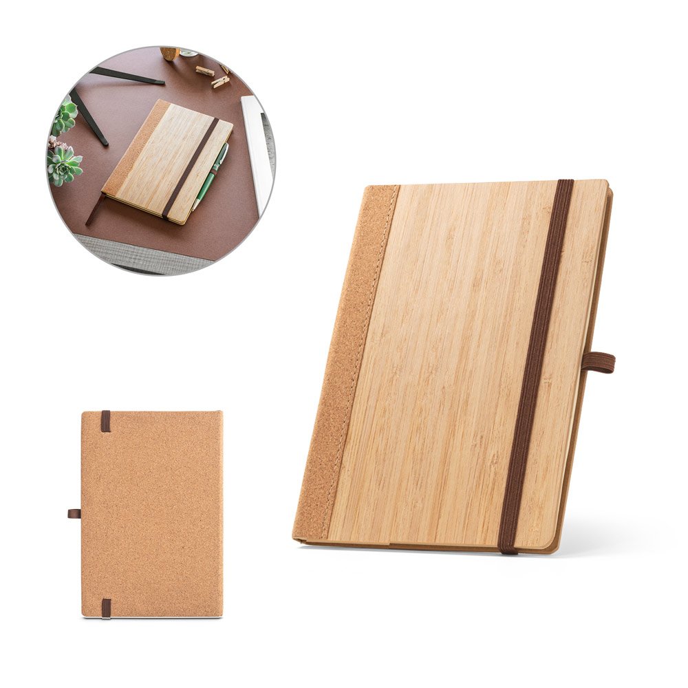 Caderno A5 de capa dura em folha de bambu e cortiça, com páginas pautadas SP-93281-160 na cor Natural