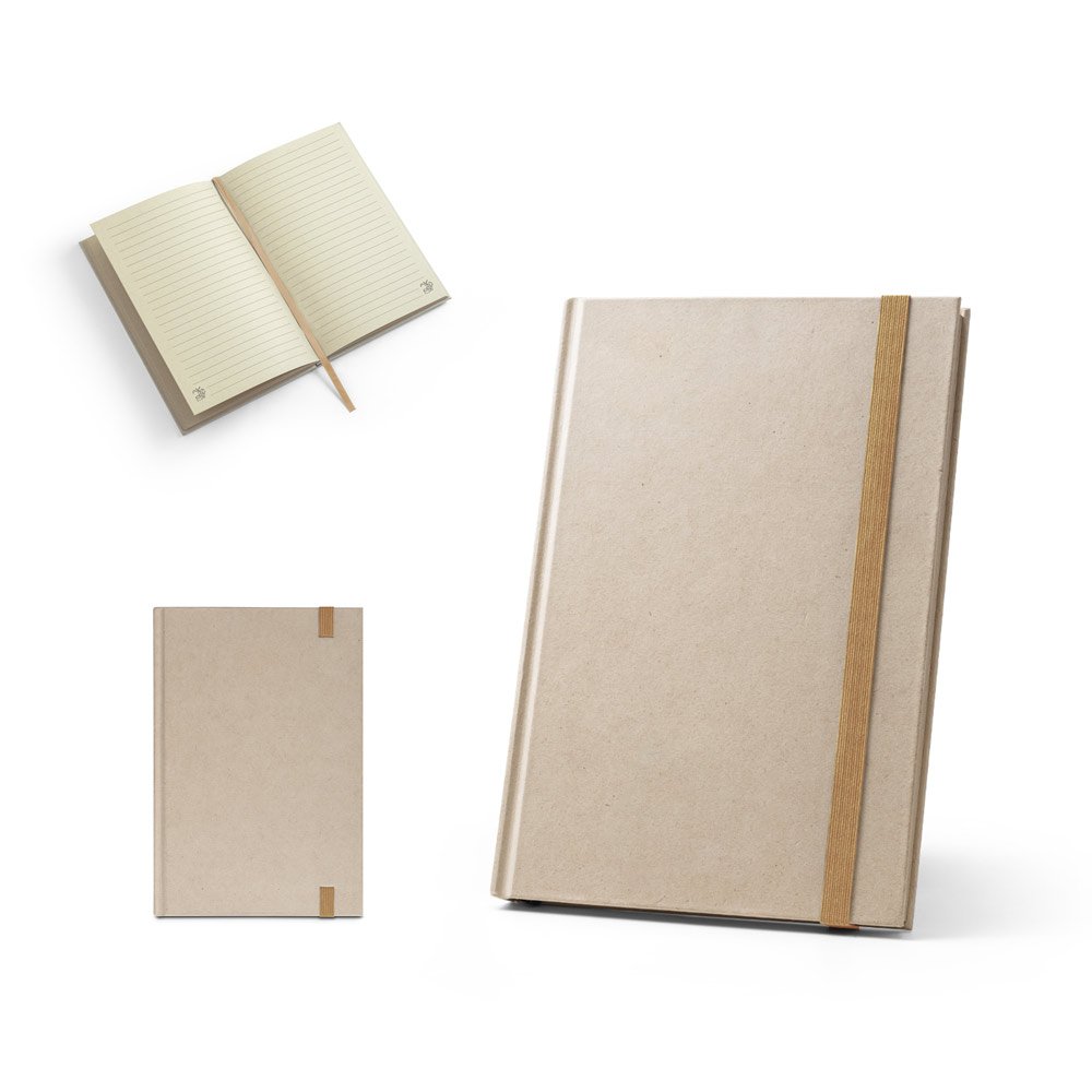 Caderno A5 de capa dura em papel à base de cana-de-açúcar (80% polpa da cana-de-açúcar) com páginas pautadas SP-93286-160 na cor Natural