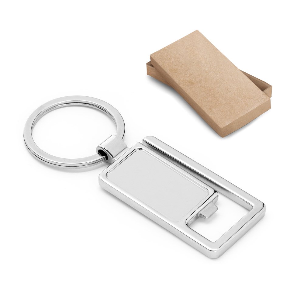 Chaveiro em metal com abridor de garrafas SP-93368-107 na cor Cromado