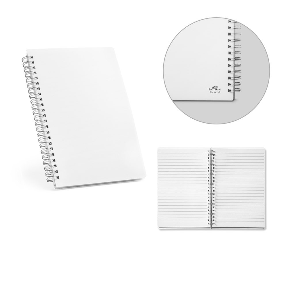 Caderno A5 de capa flexível em PP, com tratamento antibacteriano e páginas pautadas recicladas SP-93474-106 na cor Branco