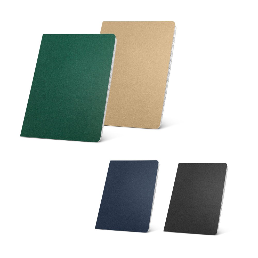Caderno A5 de capa flexível em cartão kraft 100% reciclado, com páginas pautadas recicladas SP-93495-103 na cor Preto