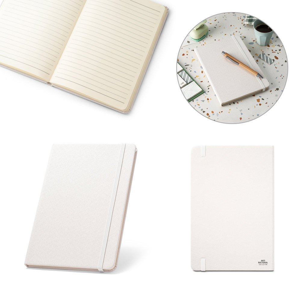 Caderno A5 de capa dura em poliéster 100% reciclado, com tratamento antibacteriano e páginas pautadas SP-93577-123 na cor Cinza claro