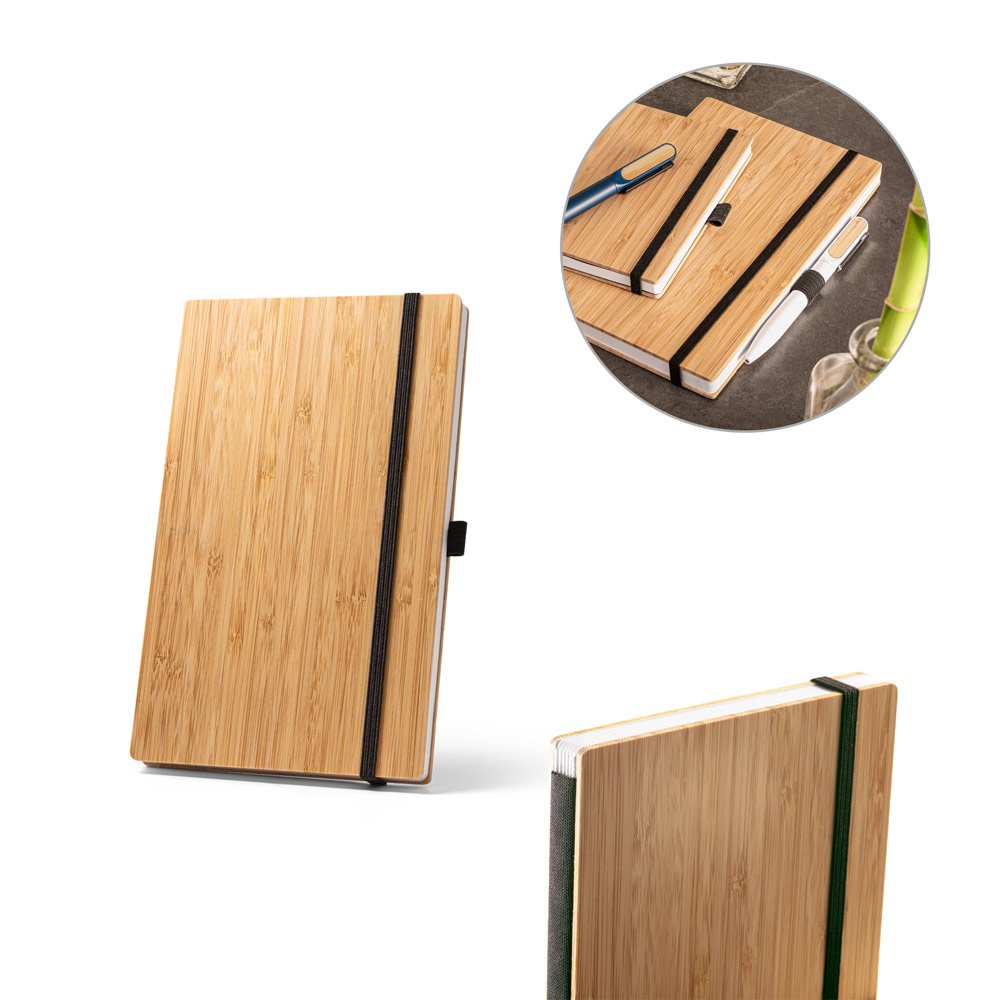 Caderno A5 de capa e contracapa em placa de bambu e lombada em PET 100% reciclado, com páginas pautadas recicladas SP-93582-103 na cor Preto