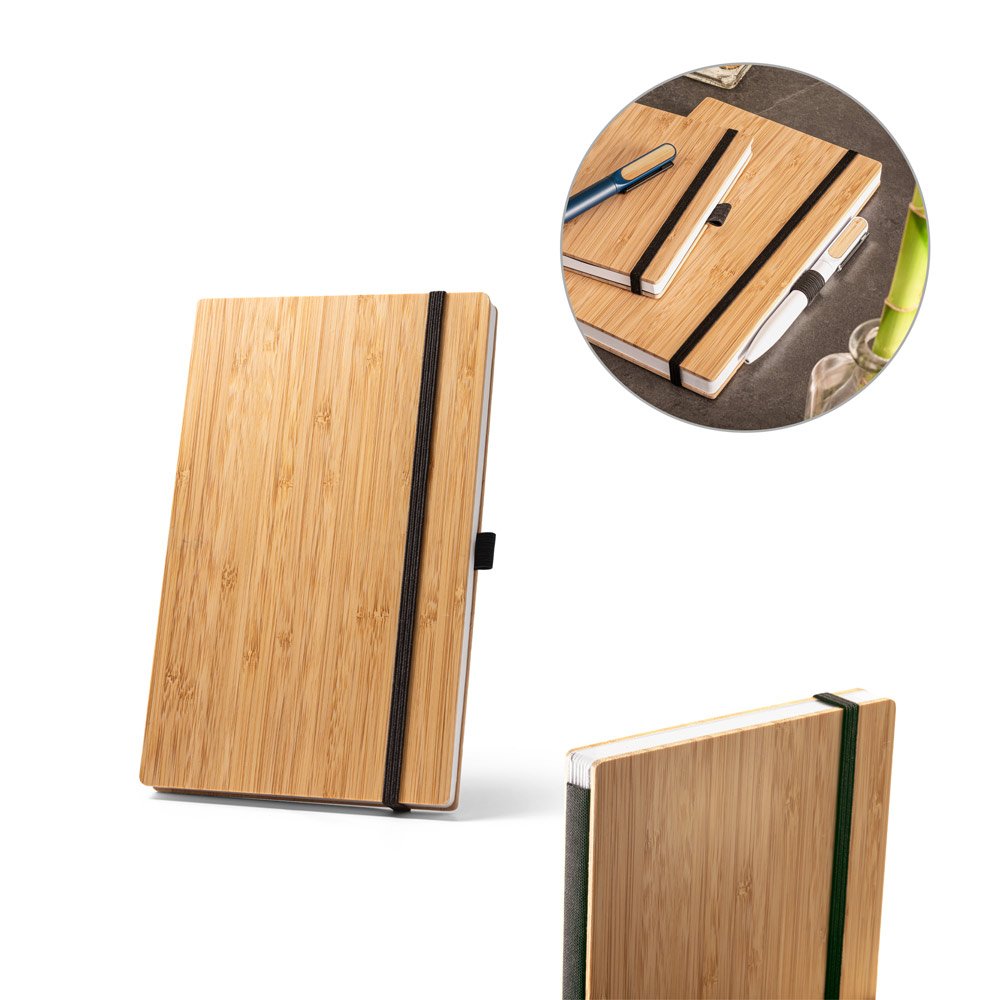 Caderno de bolso com capa e contracapa em placa de bambu e lombada em poliéster 100% reciclado, com páginas lisas recicladas SP-93583-103 na cor Preto