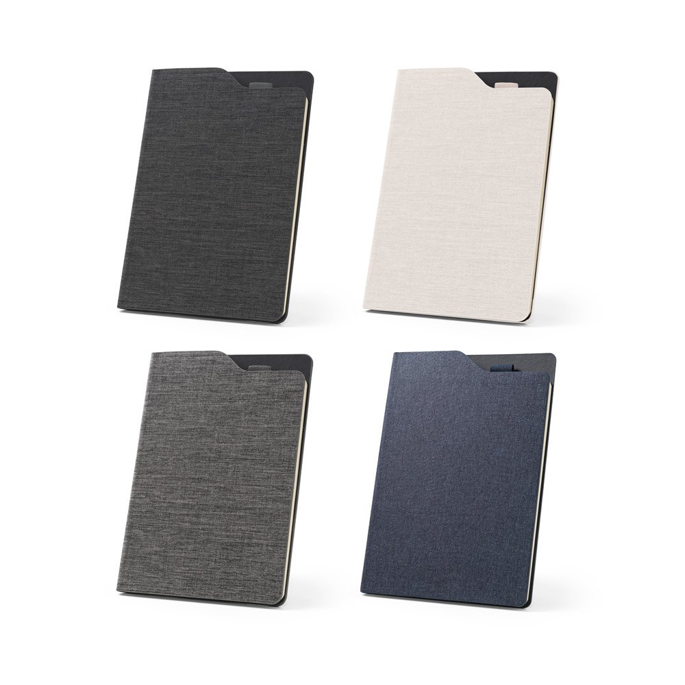 Caderno A5 de capa dura em tecido PET 100% reciclado, com páginas pautadas recicladas SP-93586-134 na cor Azul marinho