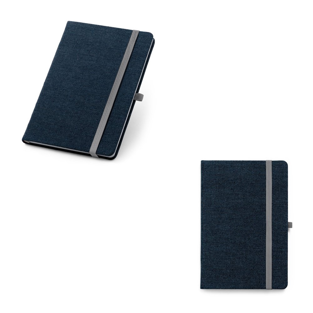 Caderno A5 de capa dura em tecido tipo jeans com páginas pautadas SP-93594-104 na cor Azul