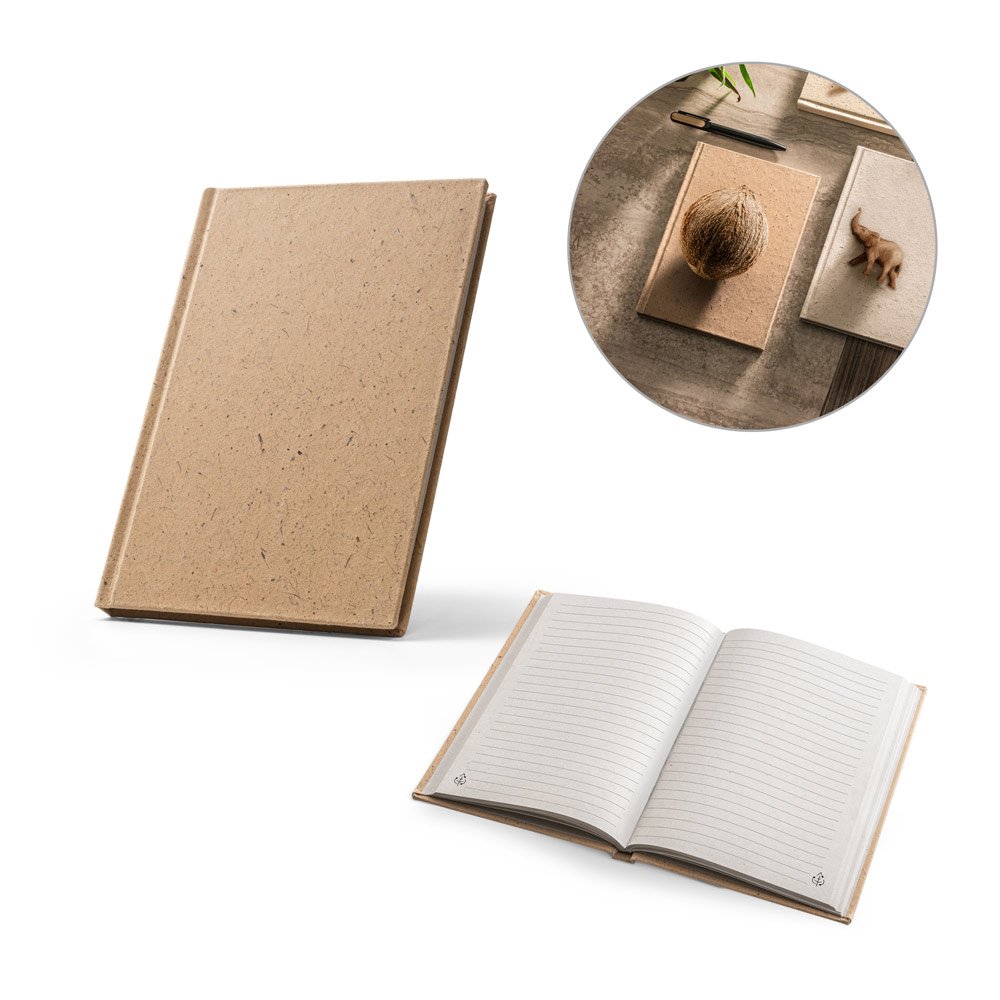 Caderno A5 em casca de coco (60%) e trapos de algodão (40%), com 160 páginas pautadas recicladas SP-93622-111 na cor Marron claro