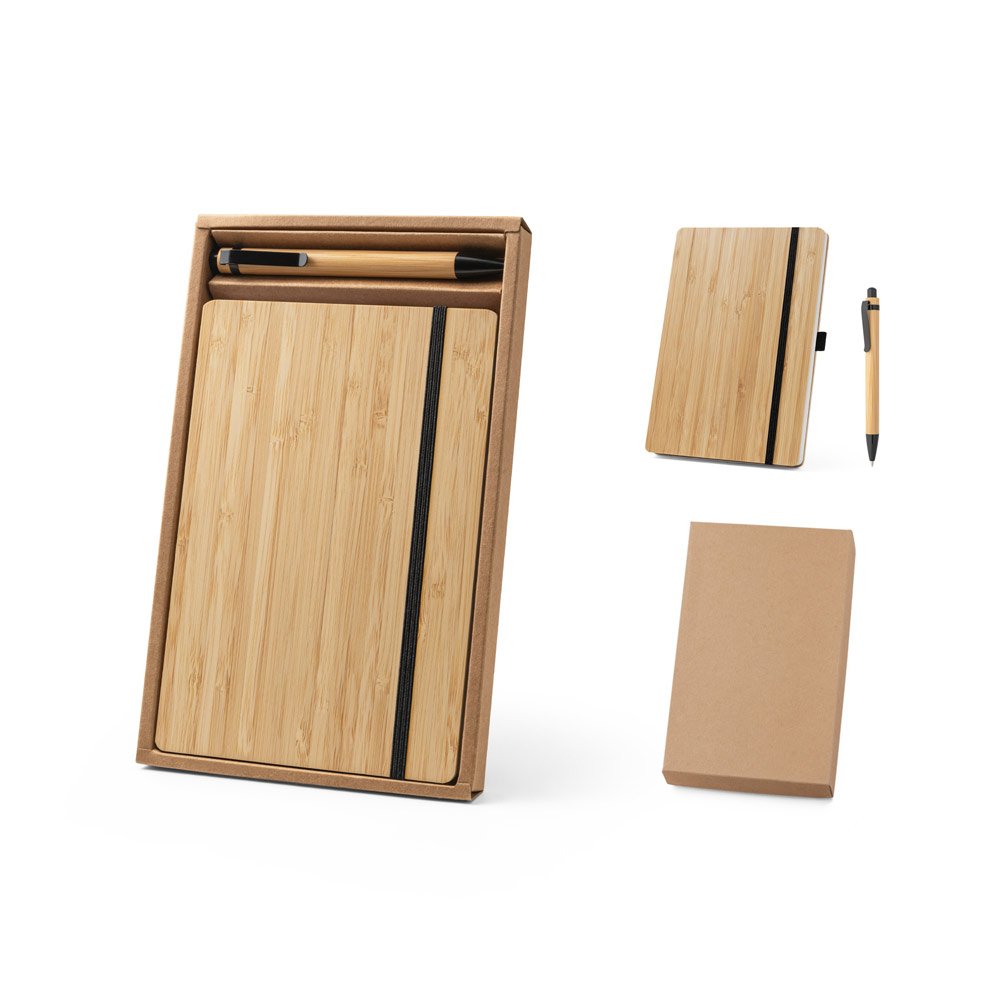 Conjunto de caderno A5 em bambu com páginas pautadas e caneta esferográfica em bambu SP-93624-103 na cor Preto