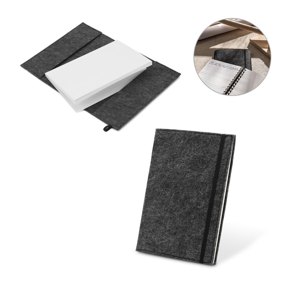 Caderno A5 com capa em feltro 100% reciclado, com páginas pautadas recicladas SP-93636-133 na cor Cinza escuro