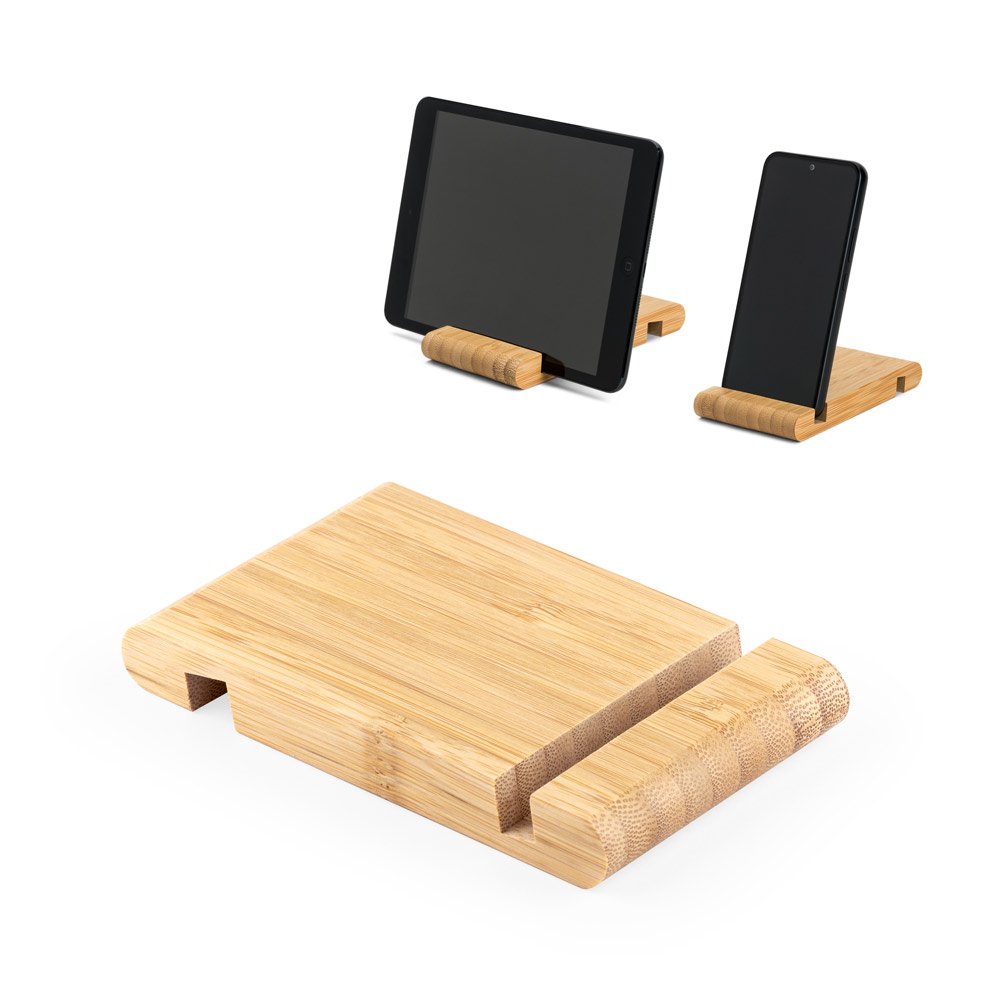 Suporte para celular com duas canaletas de tamanhos diferentes, em bambu SP-93640-160 na cor Natural