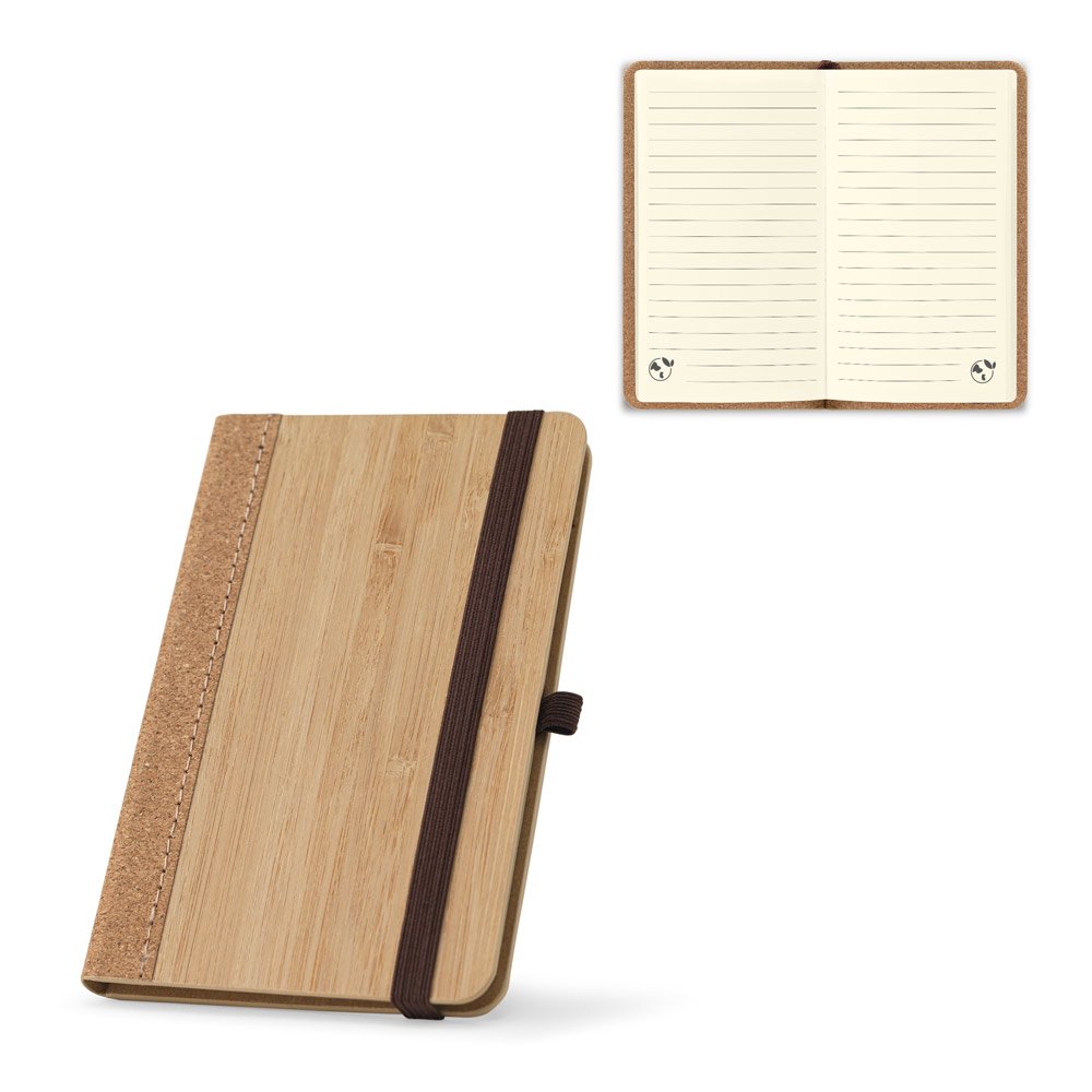 Caderno de bolso de capa dura em folha de bambu e cortiça com páginas pautadas recicladas SP-93657-160 na cor Natural