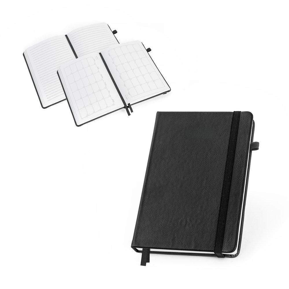 Caderno em PU à base de água com agenda integrada e página pautadas SP-93669-103 na cor Preto