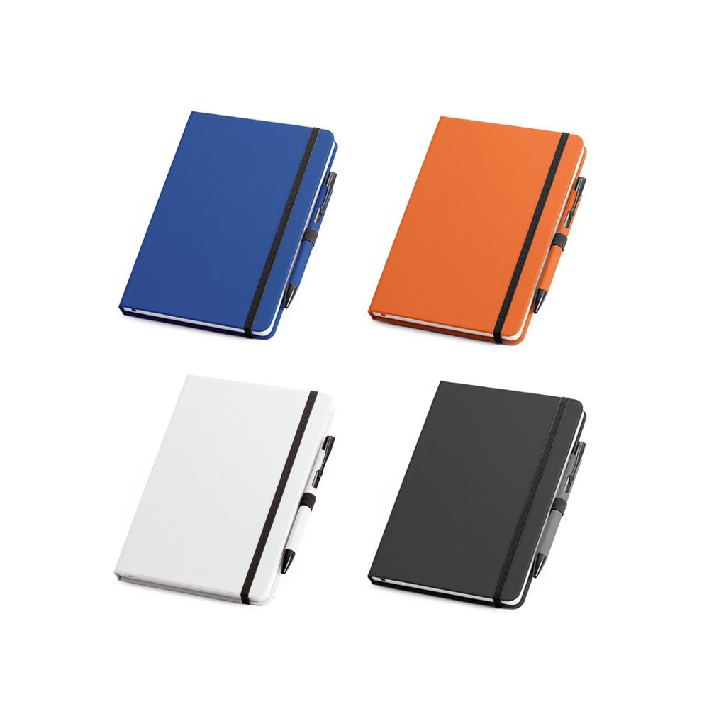 Conjunto de caderno A5 e caneta esferográfica com escrita em azul SP-93795-128 na cor Laranja