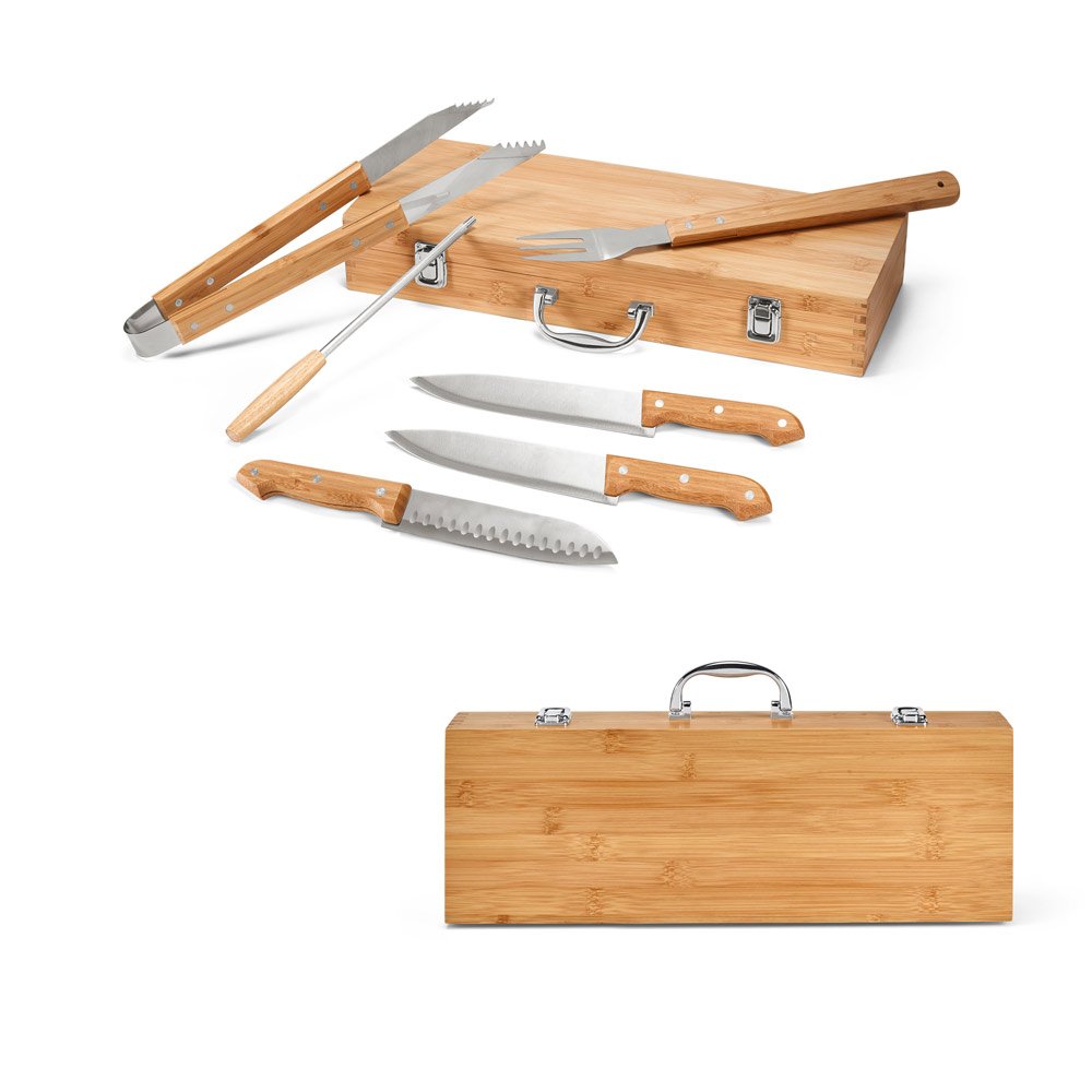 Kit churrasco em estojo de bambu com 6 peças em aço inox e bambu SP-93844-160 na cor Natural