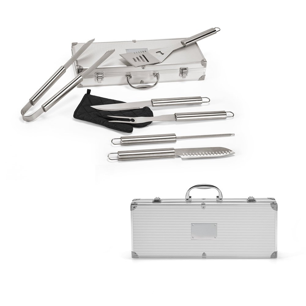 Kit churrasco em estojo de alumínio com luva de cozinha em poliéster e 6 utensílios em aço inox SP-93845-127 na cor Cromado satinado