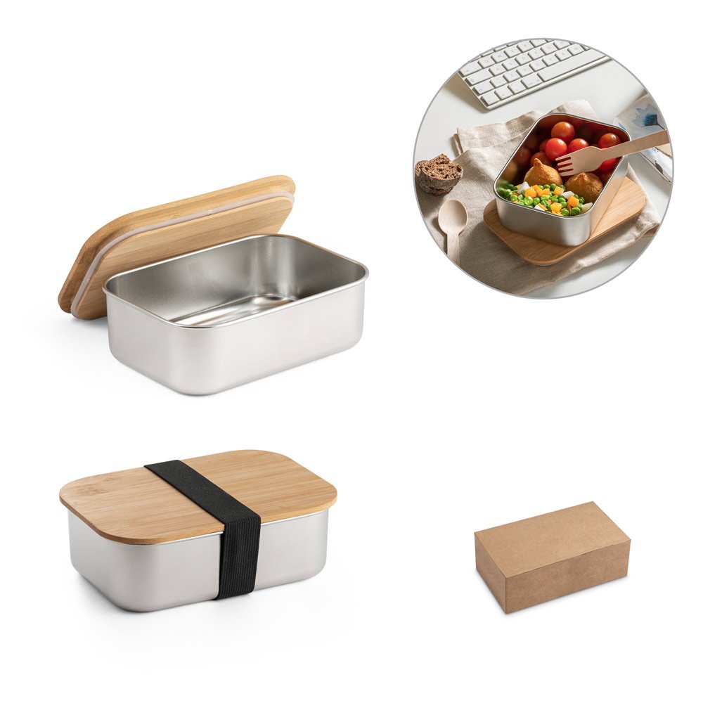 Lancheira. Marmita em aço inox e tampa em bambu 800 mL SP-94025-160 na cor Natural