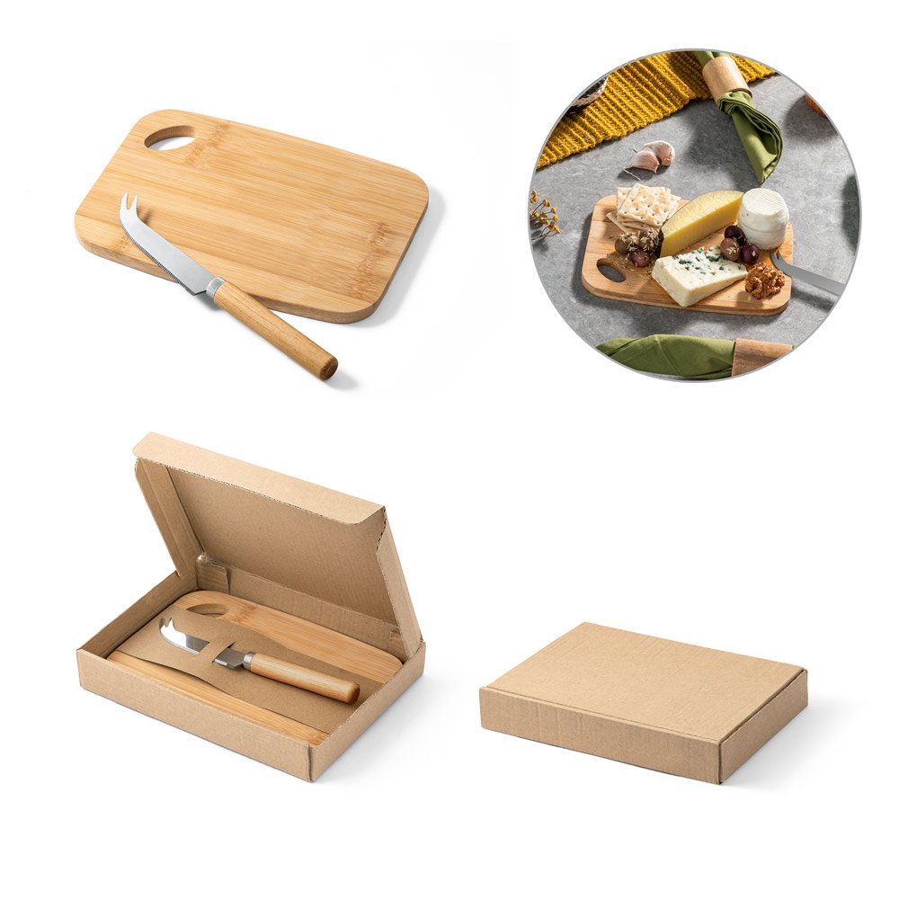 Conjunto de tábua de corte e pequena faca de queijo em bambu SP-94028-160 na cor Natural