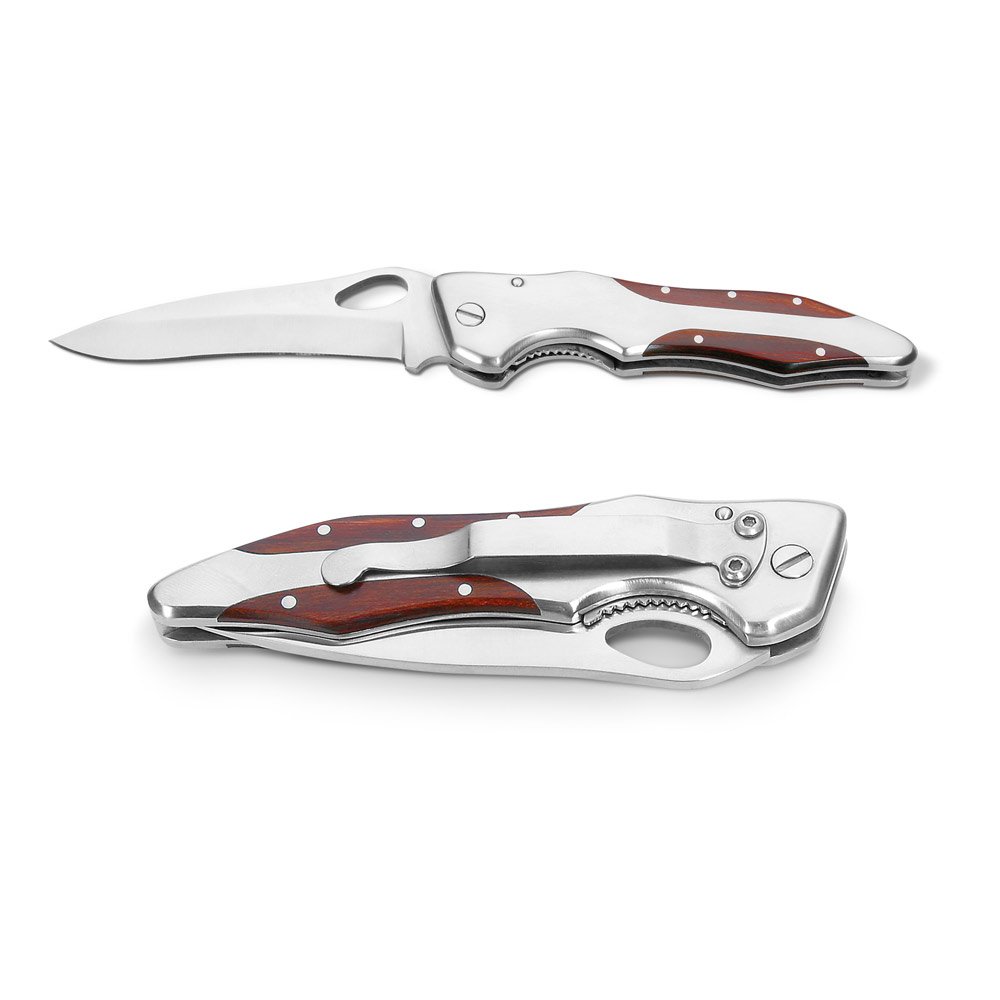 Canivete em aço inox e madeira com fecho de segurança SP-94030-170 na cor Natural escuro